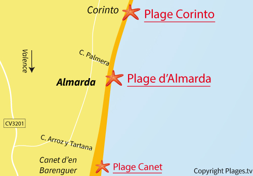 Carte de la plage Almarda en Espagne au nord de Valence