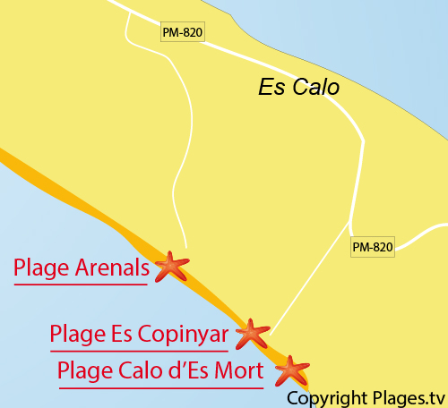 Carte de la plage des Arenals à Playa de Migjorn - Formentera