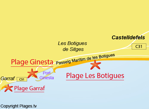 Carte de la plage des Botigues de Stiges à Castelldefels