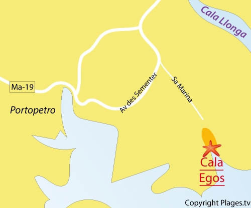 Carte de la plage de Cala Egos à Cala d'Or