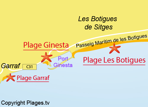 Carte de la plage de Ginesta à Castelldefels