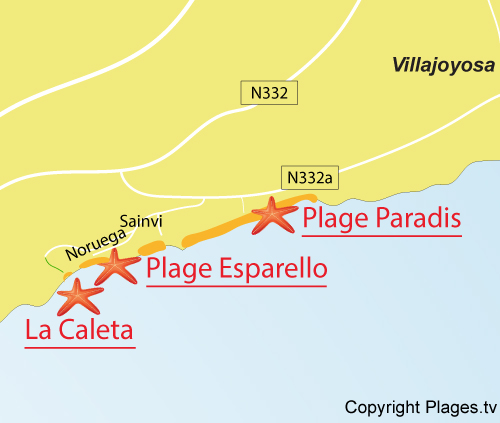 Carte de la plage de Caleta à Villajoyosa - Espagne