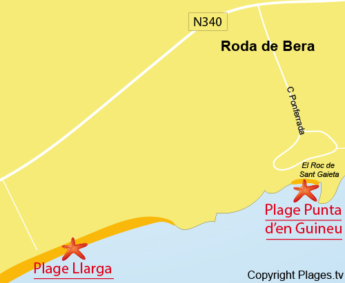 Carte de la plage de Llarga à Roda de Bera en Espagne