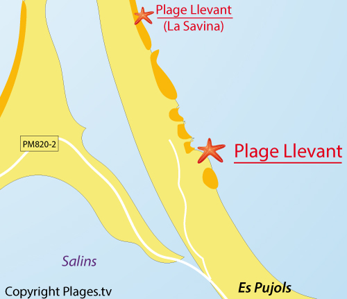 Carte de la plage du Llevant à Es Pujols - Formentera
