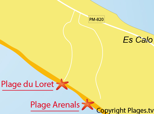 Carte de la plage du Loret à Plaja Migjorn - Formentera