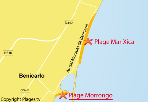 Carte de la plage de Mar Xica à Benicarlo en Espagne