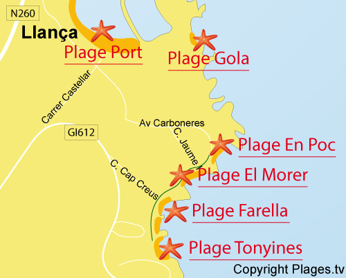 Carte de la plage de Morer à Llanca en Espagne