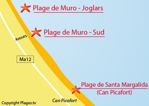 Carte de la plage sud de Muro à Majorque