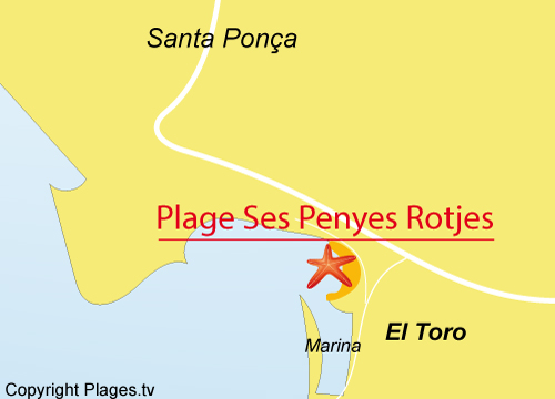 Carte de la plage d'El Toro - Penyes Rotjes - Majorque