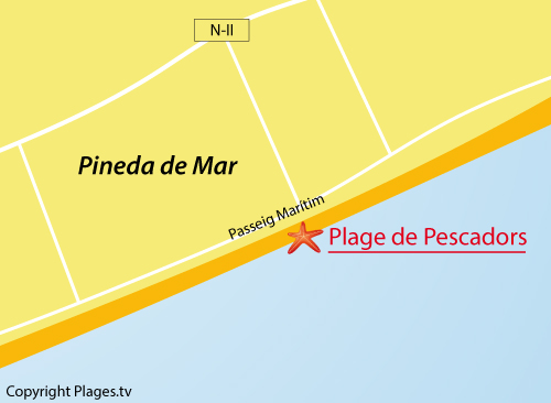 Carte de la plage de Pescadors à Pineda de Mar