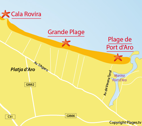 Carte de la plage de Port d'Aro en Espagne
