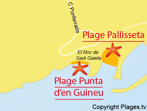 Carte de la plage de la Punta d'en Guineu à El Roc de Sant Gaieta en Espagne
