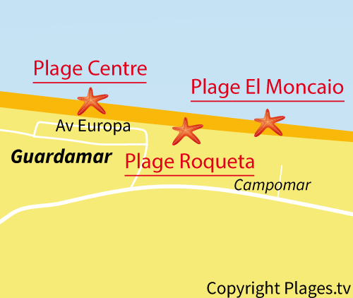 Carte de la plage Roqueta à Guardamar en Espagne