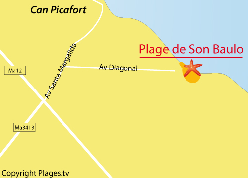 Carte de la plage de Son Baulo à Majorque - Can Picafort