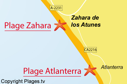 Carte de la plage de Zahara en Andalousie