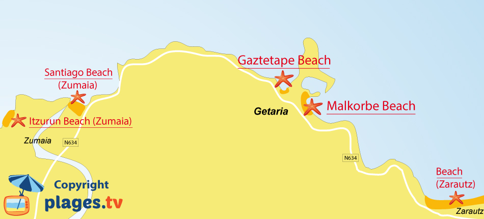 Map of Getaria beaches in Spain