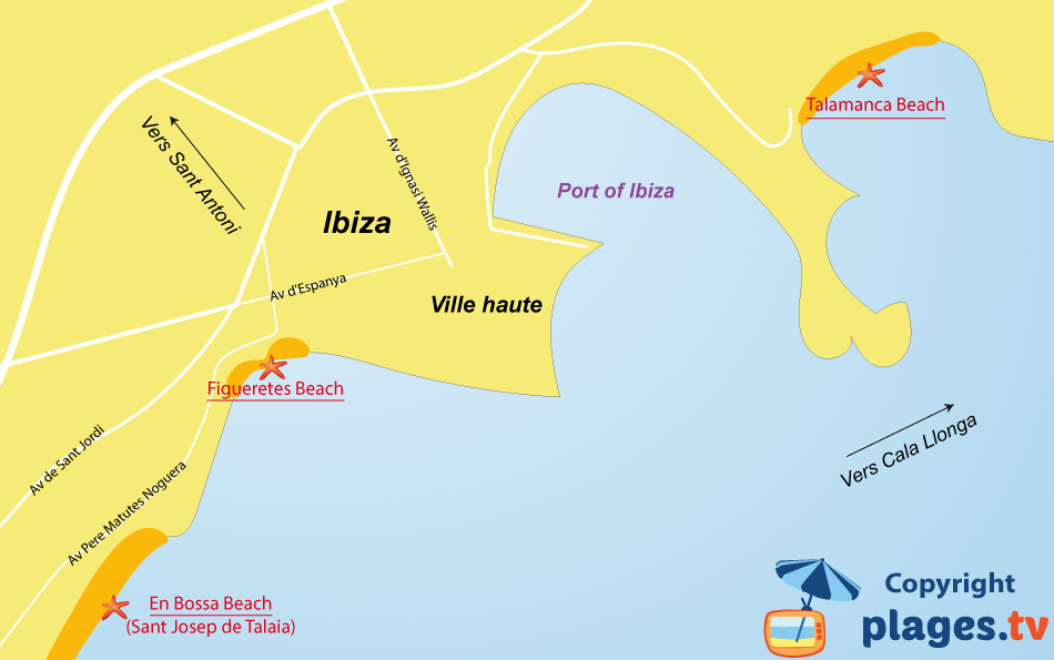 Map of Ibiza beaches in Spain