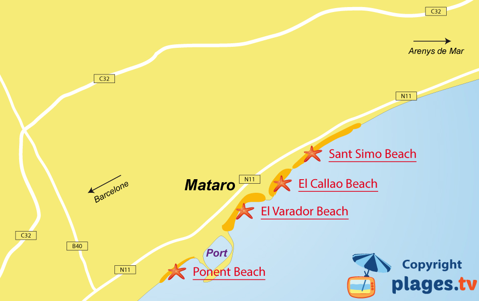 Map of Mataro beaches in Spain