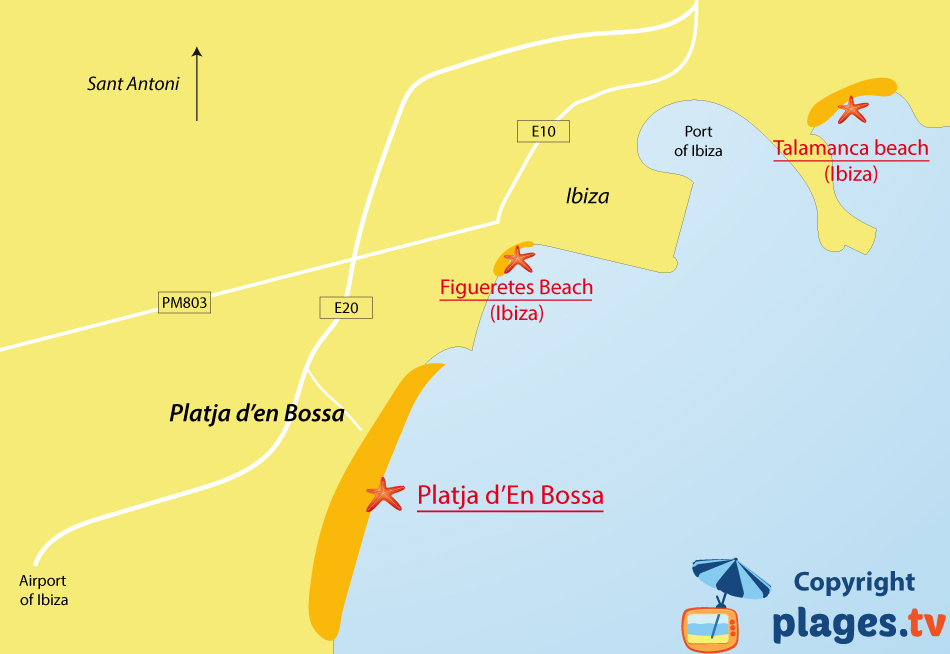 Map of Platja d'En Bossa beach - Ibiza