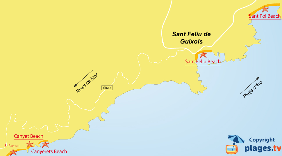 Map of St Feliu de Guixols beaches in Spain