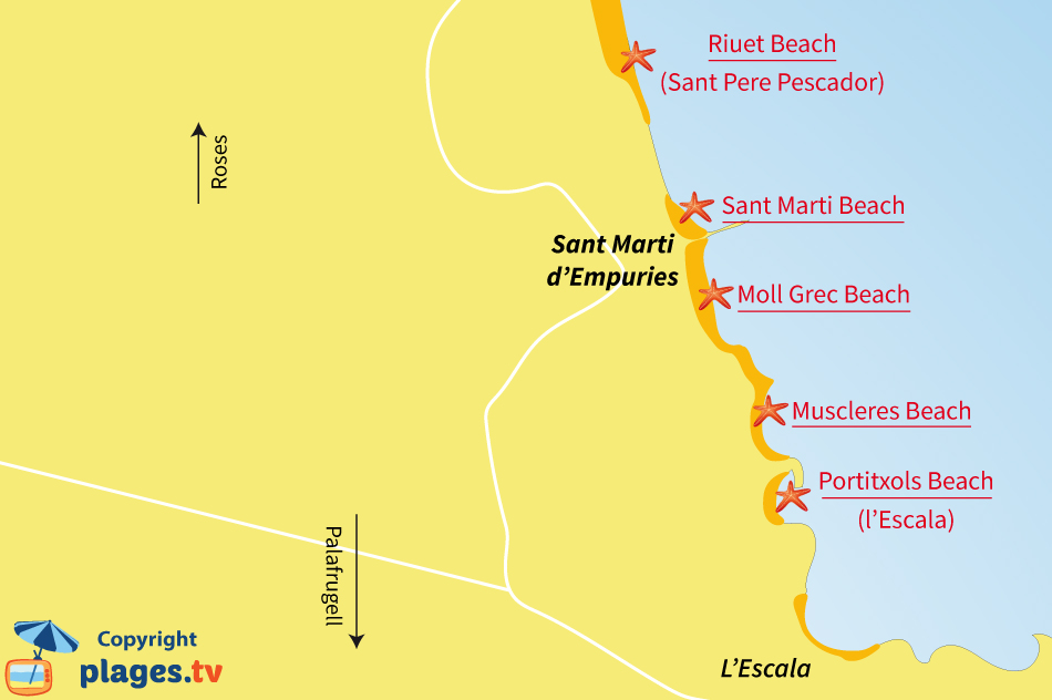 Map of Sant Marti d'Empuries beaches in Spain
