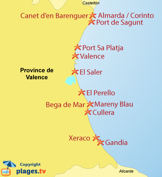 Carte des stations balnéaires et des plages de la province de Valence en Espagne